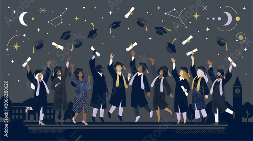 Fotografi Diverse Graduating Students in Academic Regalia Throwing Caps and Holding Diplom