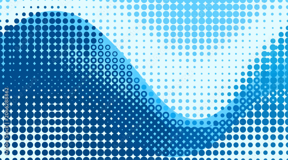 Fototapeta premium Flat Design Abstract Halftone Pattern with Smooth Blue Wave Shape and Gradient Circles, Modern Graphic Resource Background with Copy Space