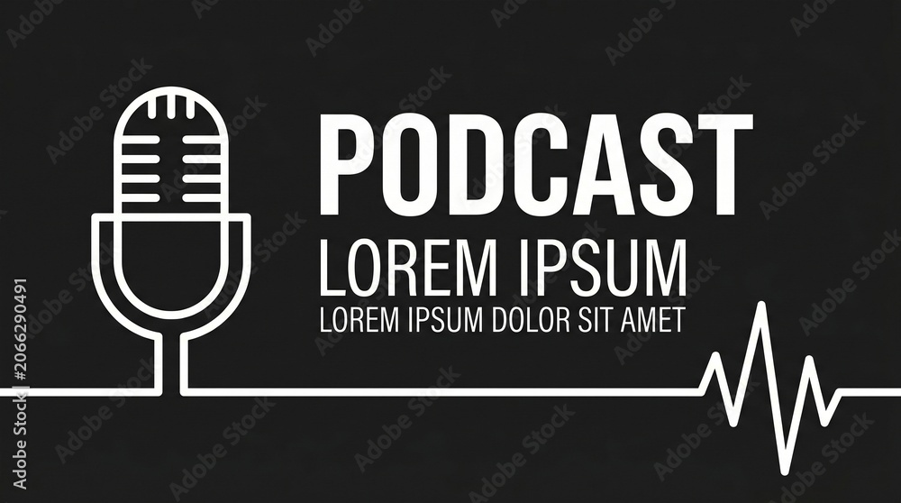 Fototapeta premium Minimalist Line Art Podcast Concept with Microphone Icon and Sound Wave on Dark Background, Ideal for Digital Audio Streaming and Online Broadcast Promotion
