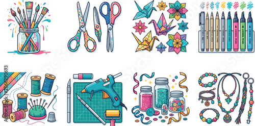 Colorful Arts and Crafts Tools Collection Featuring Painting, Sewing, Origami, and Jewelry MakingColorful Arts and Crafts Tools Collection Featuring Painting, Sewing, Origami, and Jewelry Making