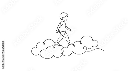 Konstfotografi Child walking on clouds, single line drawing, dreamlike journey, innocence, chil