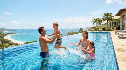 Family Splashing Joyfully in Infinity Pool with Ocean View
