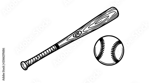 Bild auf Leinwand Baseball Bat with a Baseball, Illustrated in Black and White Featuring Ball, Spo