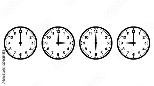 Billede på lærred Clocks Showing Different Times with Black Hands and White Faces Featuring Clock,