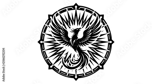 Phoenix Rising from Circular Emblem Design.