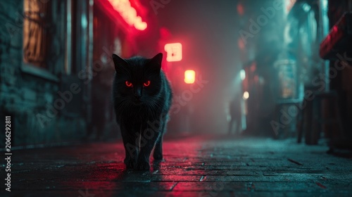 Black cat with glowing eyes walking down a dark alleyway with neon lights