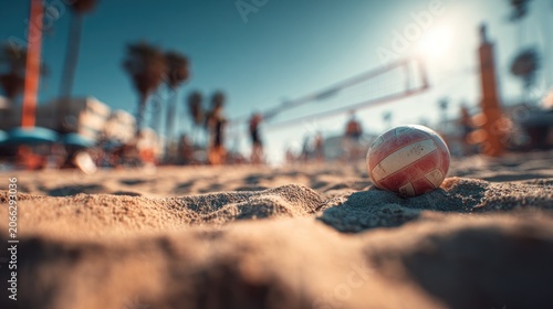 Beach volleyball game focus on the ball sun and net on a sandy day