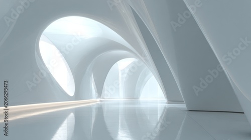 Abstract futuristic white interior design with curved walls and reflective floor
