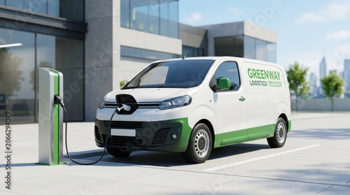 White electric delivery van charging at modern station, Greenway Logistics fleet decarbonization, urban eco-friendly transport solution, renewable energy infrastructure for