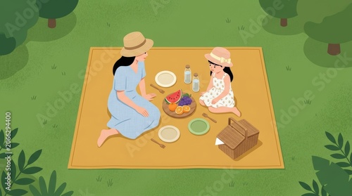 Mother and Daughter Enjoying a Picnic in a Sunny Park