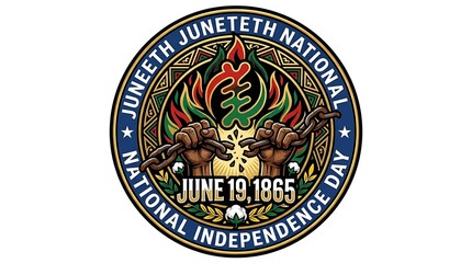 Juneteenth national independence day seal with hands breaking chains