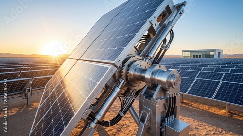 High-efficiency solar panel tracking system in desert landscape at golden hour, renewable energy infrastructure harnessing sunlight for sustainable power generation with