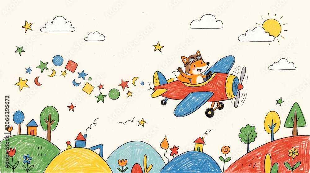 Fototapeta premium Happy fox in a pilot hat flies a red airplane above colorful hills, waving at tiny houses below