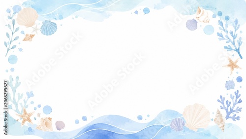 Watercolor blue ocean wave and seashell frame with starfish and seaweed on a clean white background, summer beach theme.