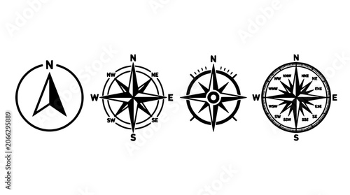 Compass Rose Icons Set with Black and White Nautical Design, Featuring Cardinal Points and Stylized Star Markers