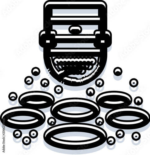 Картината върху платно Zombie monster head with gaping mouth lunging toward shiny gold coins and rings,