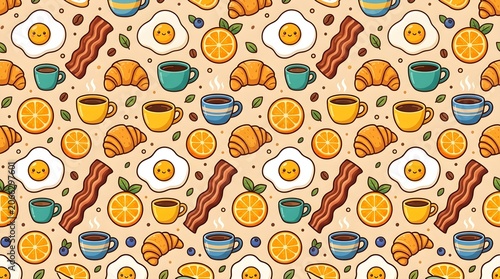 Colorful breakfast food pattern with eggs croissants coffee and fruit on beige background