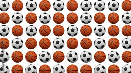 Multiple soccer and basketballs on white background