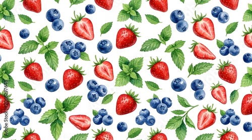 Strawberries and blueberries with leaves on white background