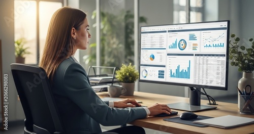 Businesswoman Analyzing Financial Data on Computer