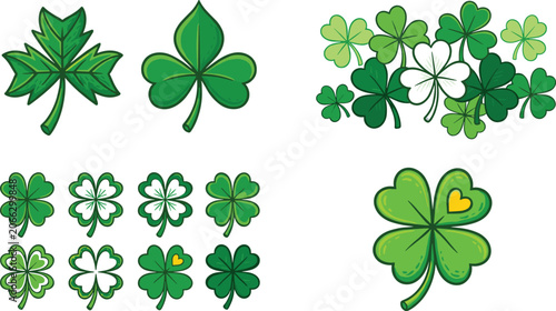 Green Vector Illustrations of Three-Leaf and Four-Leaf Clovers with Decorative Designs for St Patrick’s Day and Lucky Symbols