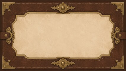 Classic leather frame with brass embellishments and a rustic aged paper texture in the central panel.