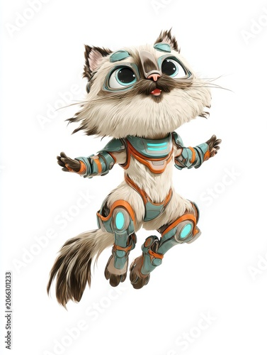 Whimsical Fluffy Cat Character Wearing Futuristic Sci Fi Armor and Jumping