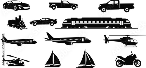 Fotografie Transportation Vehicle Silhouette Collection with Cars Trucks Trains Aircraft an