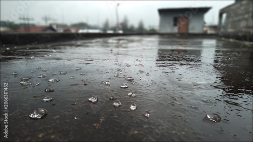 Raindrops falling on a wet rooftop during a cloudy day.