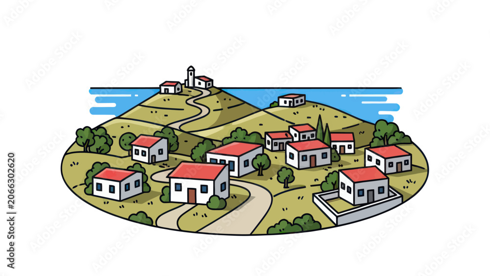 Naklejka premium Stylized Coastal Village Illustration on Green Hills