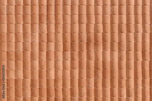 Dettaglio di tegole in terracotta disposte in pattern regolare. Texture architettonica ideale per temi materiali, costruzione, design e sfondi ad alta qualità.
