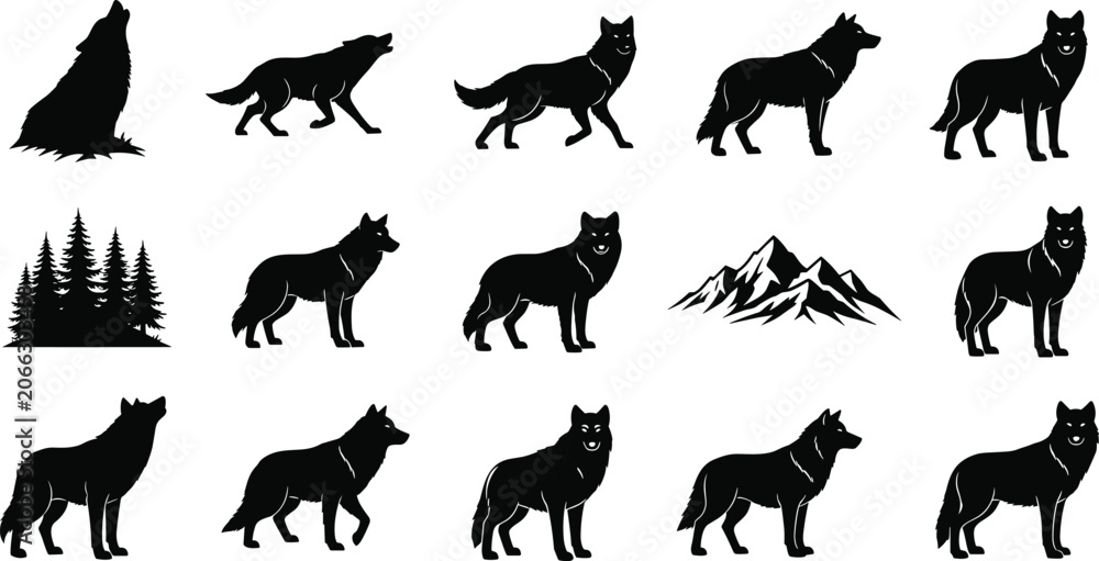 Fototapeta premium Wolf Silhouette Collection with Forest and Mountain Wilderness Vector Elements