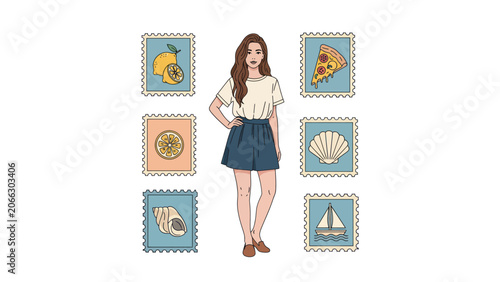 Stylish Woman Surrounded by Summer Themed Stamps