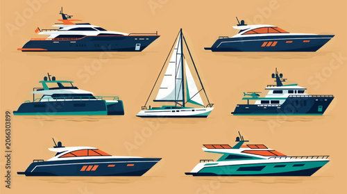 Bild auf Leinwand Collection of Seven Modern Yacht Designs in Flat Illustration Style, Arranged in