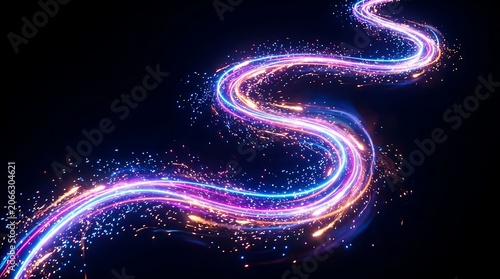 Glowing neon light trail with vibrant blue and purple sparkles flowing in a smooth wave pattern across a dark black background creating dynamic artistic energy