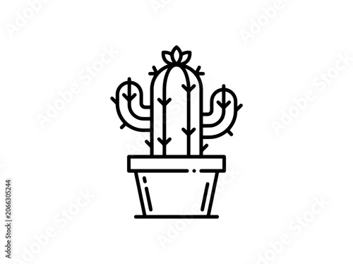 Minimalist cactus in pot line art illustration isolated on white.