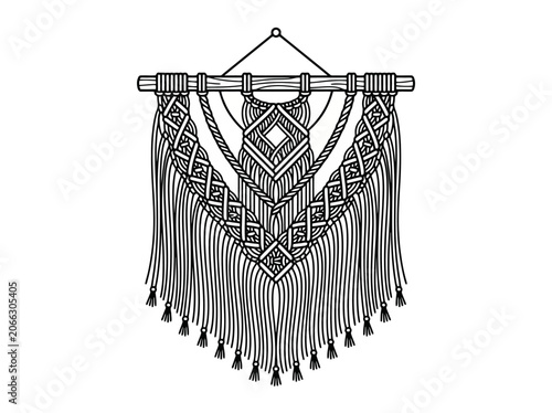 Macrame wall hanging decoration with knotted rope fiber art design
