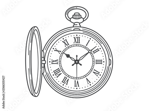 Vintage pocket watch vector line art illustration with open lid