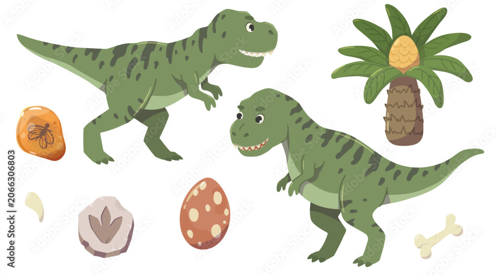 Fototapeta premium Tyrannosaurus character in two poses. Famous predatory dinosaur t rex. Prehistoric animal