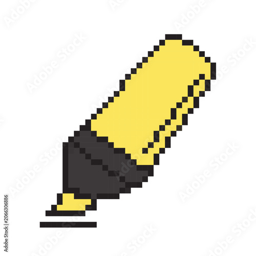 Pixel art yellow highlighter marker vector icon isolated on white background. Back to school stationery element.