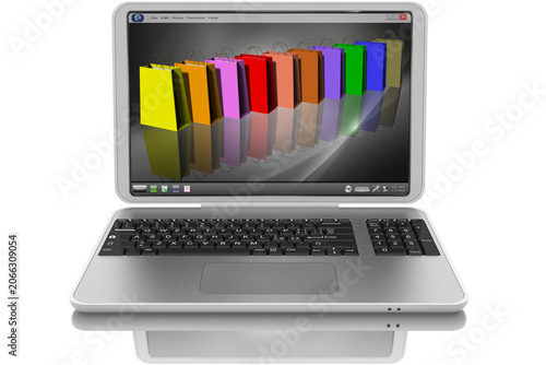 Computer portatile aperto grigio.Sullo schermo borse shopping, simbolo di business