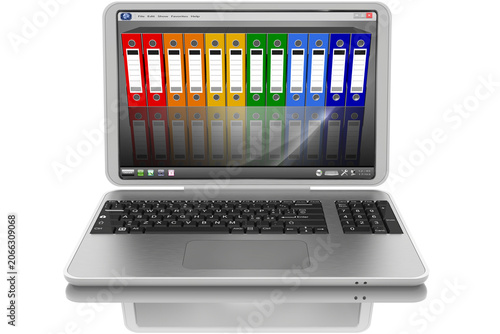 Computer portatile aperto grigio.Sullo schermo cartelle e raccoglitori per ufficio.