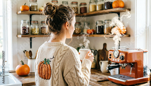Woman in pumpkin sweater drinking coffee in autumn kitchen with orange espresso machine.