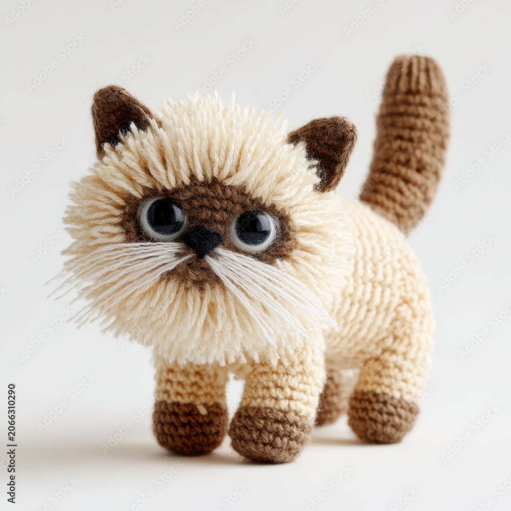 Fototapeta premium Handmade Crochet Cat Toy Beige And Brown With Big Blue Eyes And Fluffy Ears