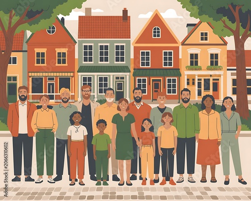 Diverse Community Standing in Front of Colorful Houses