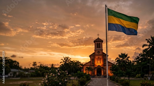 Gabon flag waving before a church under a golden sunset sky with tropical palm trees