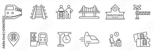 Train icon set, containing trains, stations, railway tracks, transportation, locomotives, and rail lines. Vector illustration