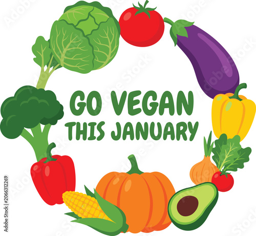 Go vegan this january vector typography poster featuring colorful fresh raw vegetable wreath isolated on white background