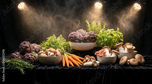 A Collection of Premium Luxury Fresh Vegetables Presented with Dramatic Spotlight Lighting on Black Background