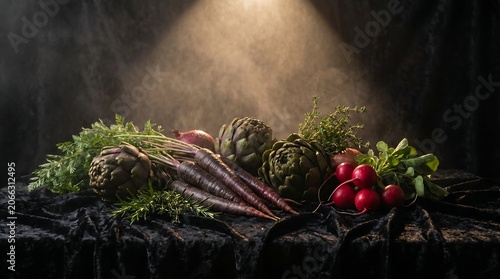 Premium and luxury fresh vegetables including artichokes, carrots, and radishes arranged beautifully in a dramatic dark still life